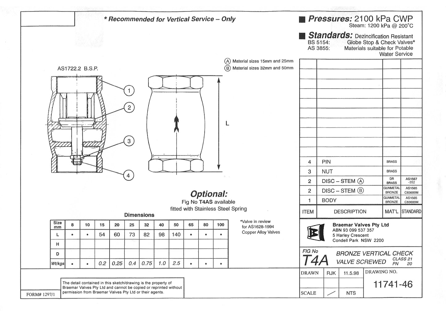 Vertical Check Valve - Bronze - Screwed - T4A - 50mm