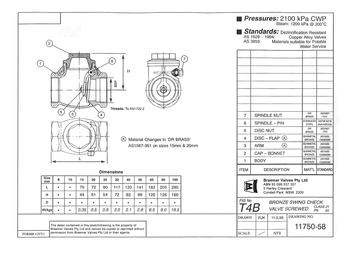 Swing Check Valve - Bronze - Screwed - T4B - 20mm