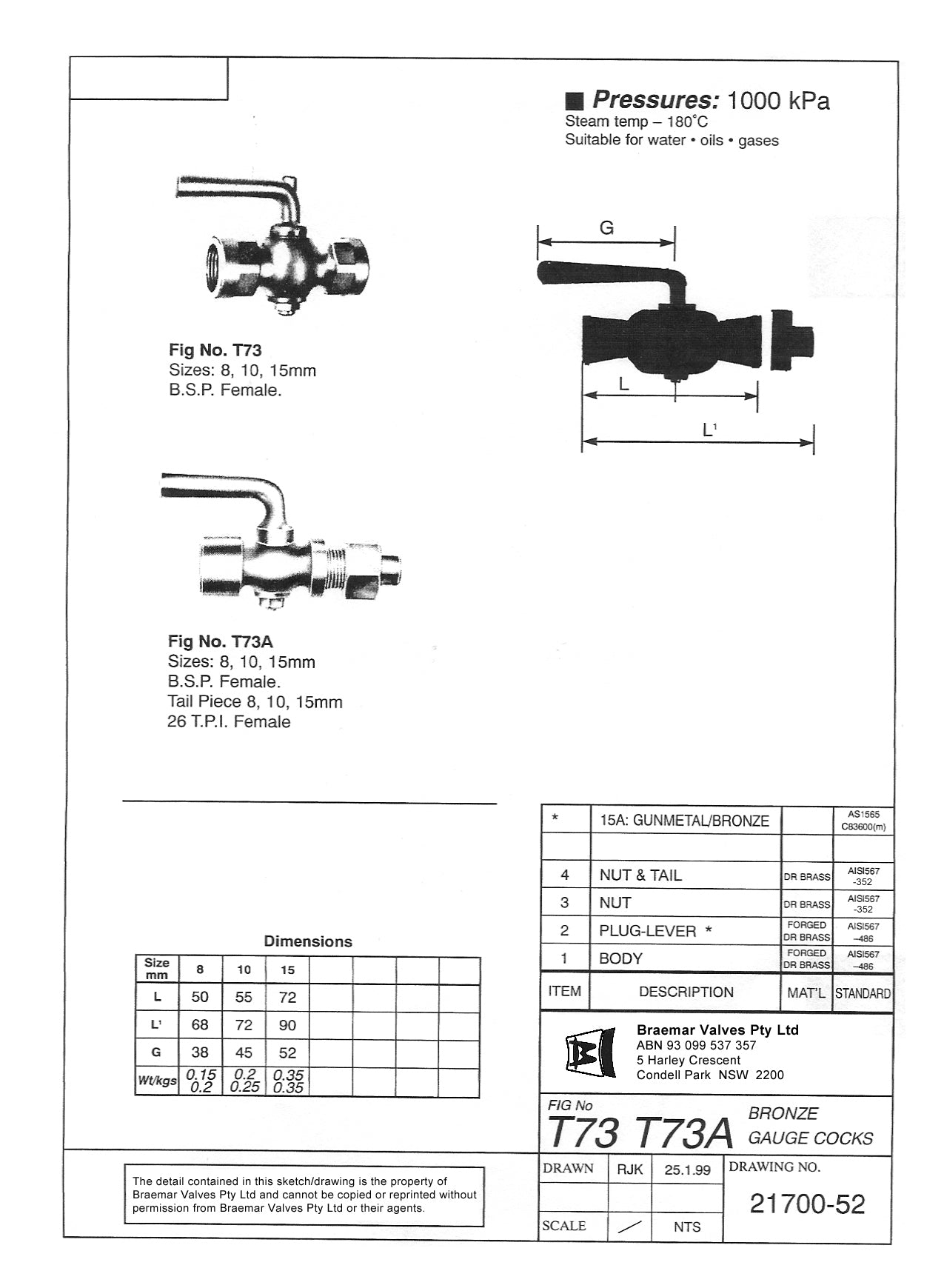 Gauge Cock - DR Brass - Screwed - T73 - 10mm