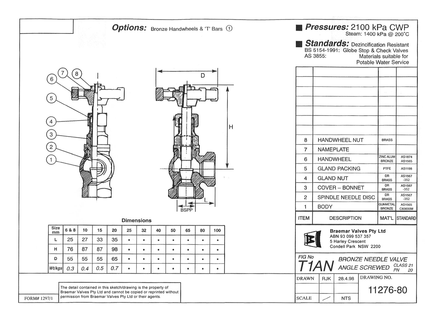 Needle Valve - Bronze - Screwed - Medium Pattern - Right Angled - T1AN - 20mm