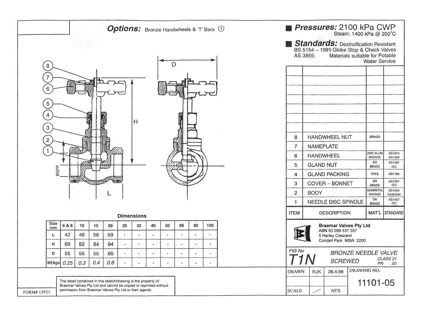 Needle Valve - Bronze - Screwed - Medium Pattern - T1N - 20mm