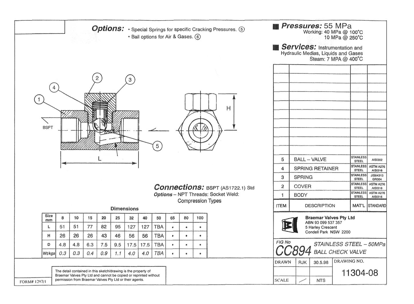 Ball Check Valve - Stainless Steel - Screwed BSPT - CC894 - 40mm