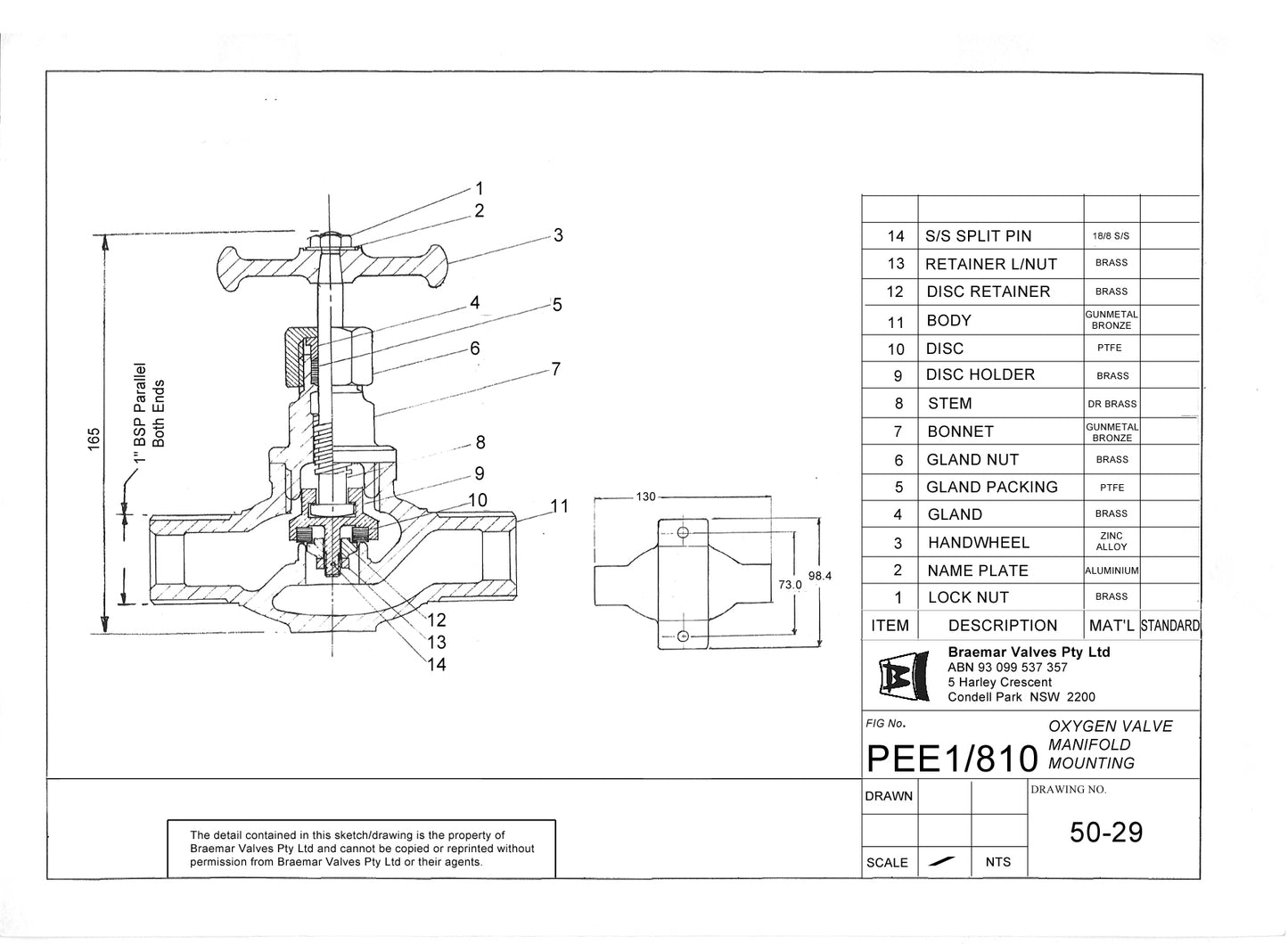 Globe Valve - Bronze - Male Screwed - Bullnose - PEE1-810 - 25mm