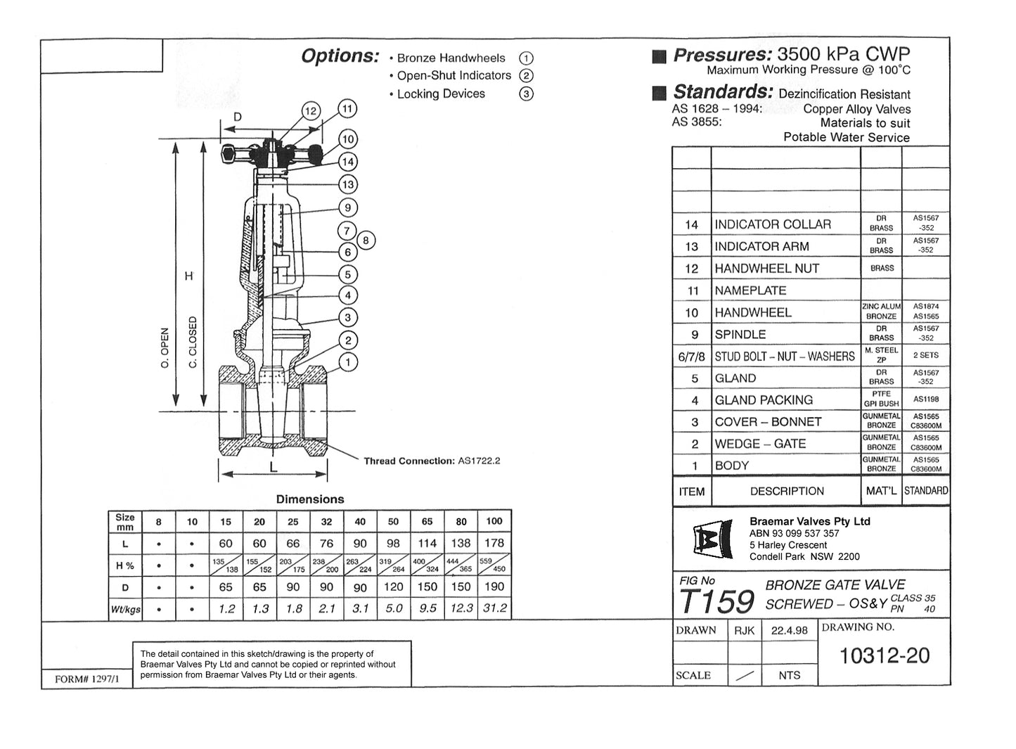 Gate Valve - Bronze - Screwed - Heavy Pattern - T159 - OS&Y-25mm