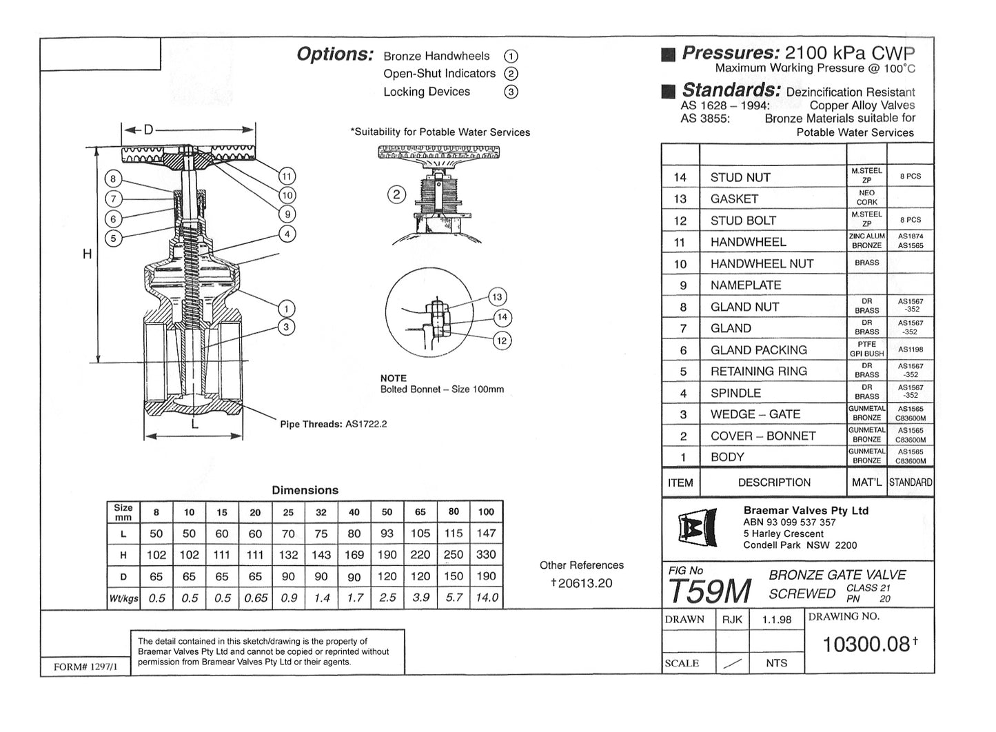 Gate Valve - Bronze - Screwed - Medium Pattern - T59M - 15mm