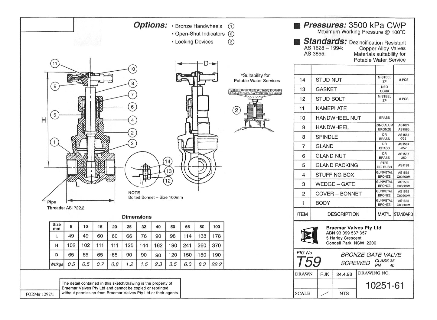 Gate Valve - Bronze - Screwed - Heavy Pattern - T59 - 100mm