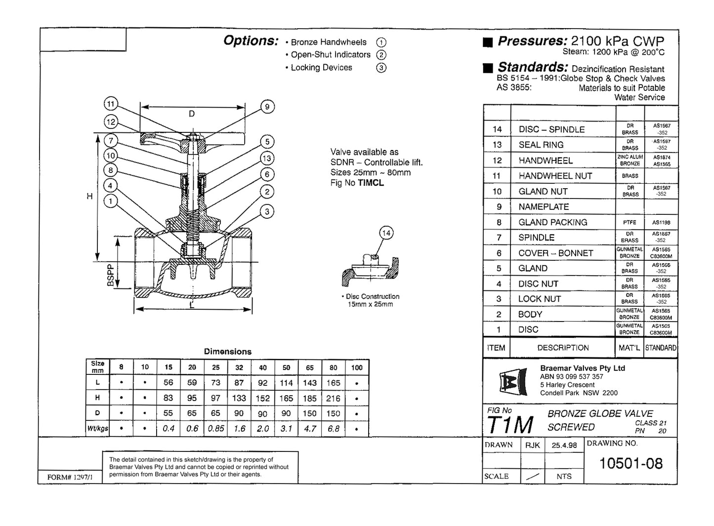 Globe Valve - Bronze - Screwed - Medium Pattern - T1M - 20mm