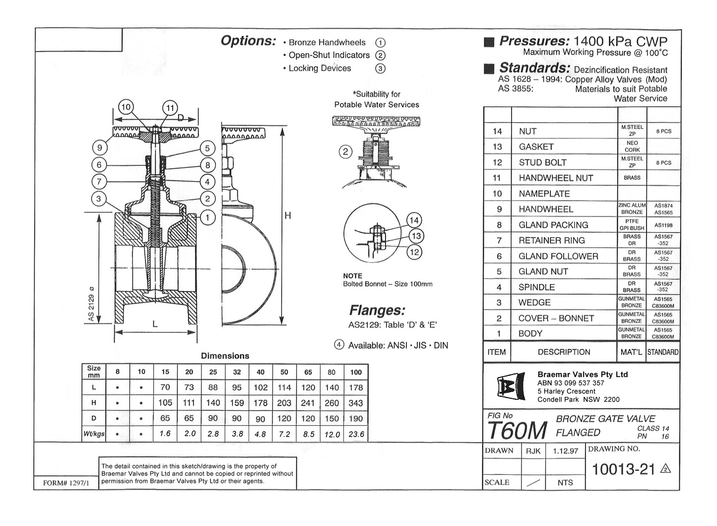 Gate Valve - Bronze - Flanged - Medium Pattern - T60M - 32mm