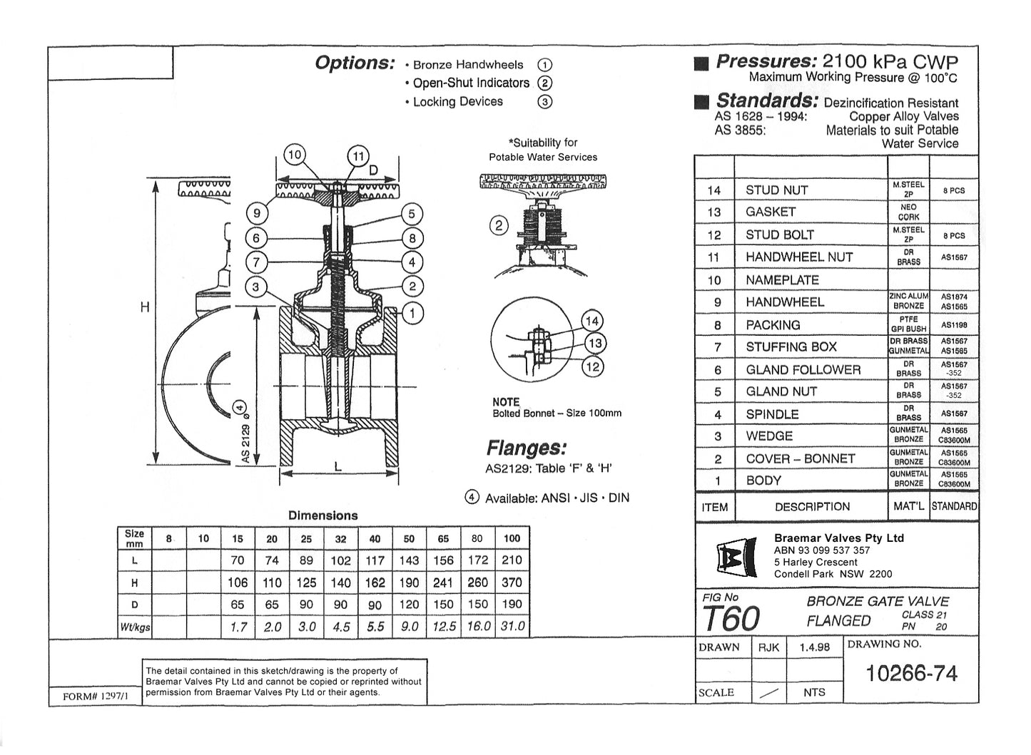 Gate Valve - Bronze - Flanged - Heavy Pattern - T60 - 100mm