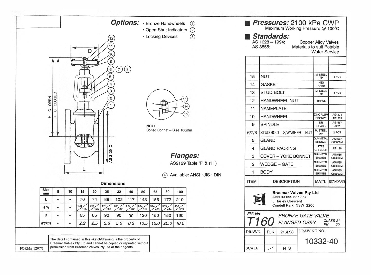 Gate Valve - Bronze - Flanged - Heavy Pattern - T160 - OS&Y - 32mm