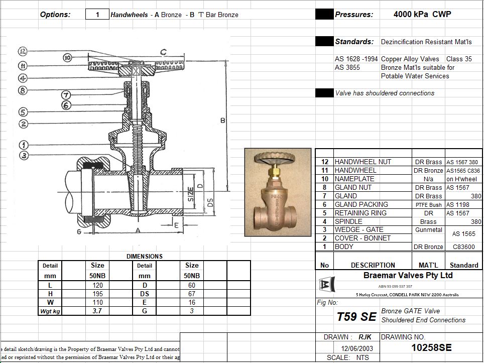 Gate Valve - Bronze - Shouldered Ends - Heavy Pattern - T59SE - 50mm